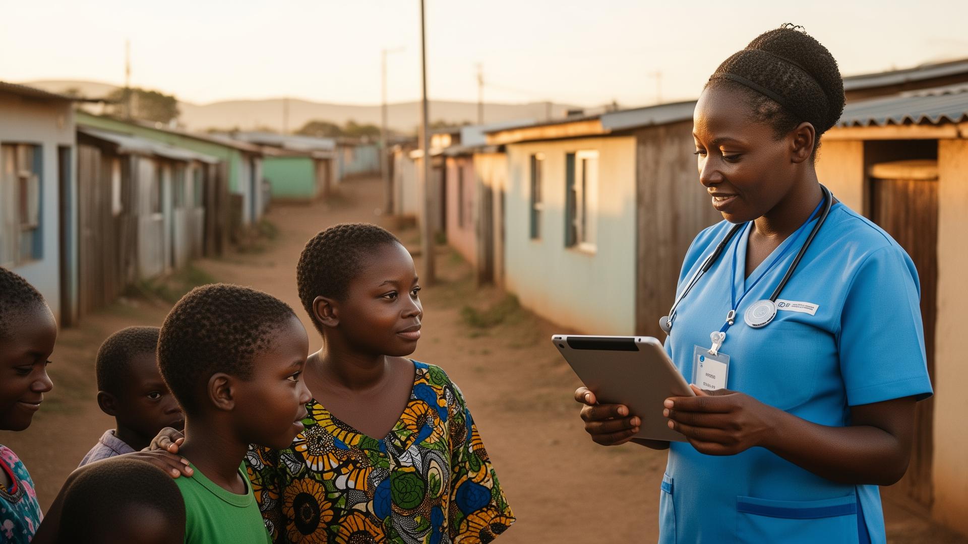 Community health worker visiting a family in a South African neighborhood